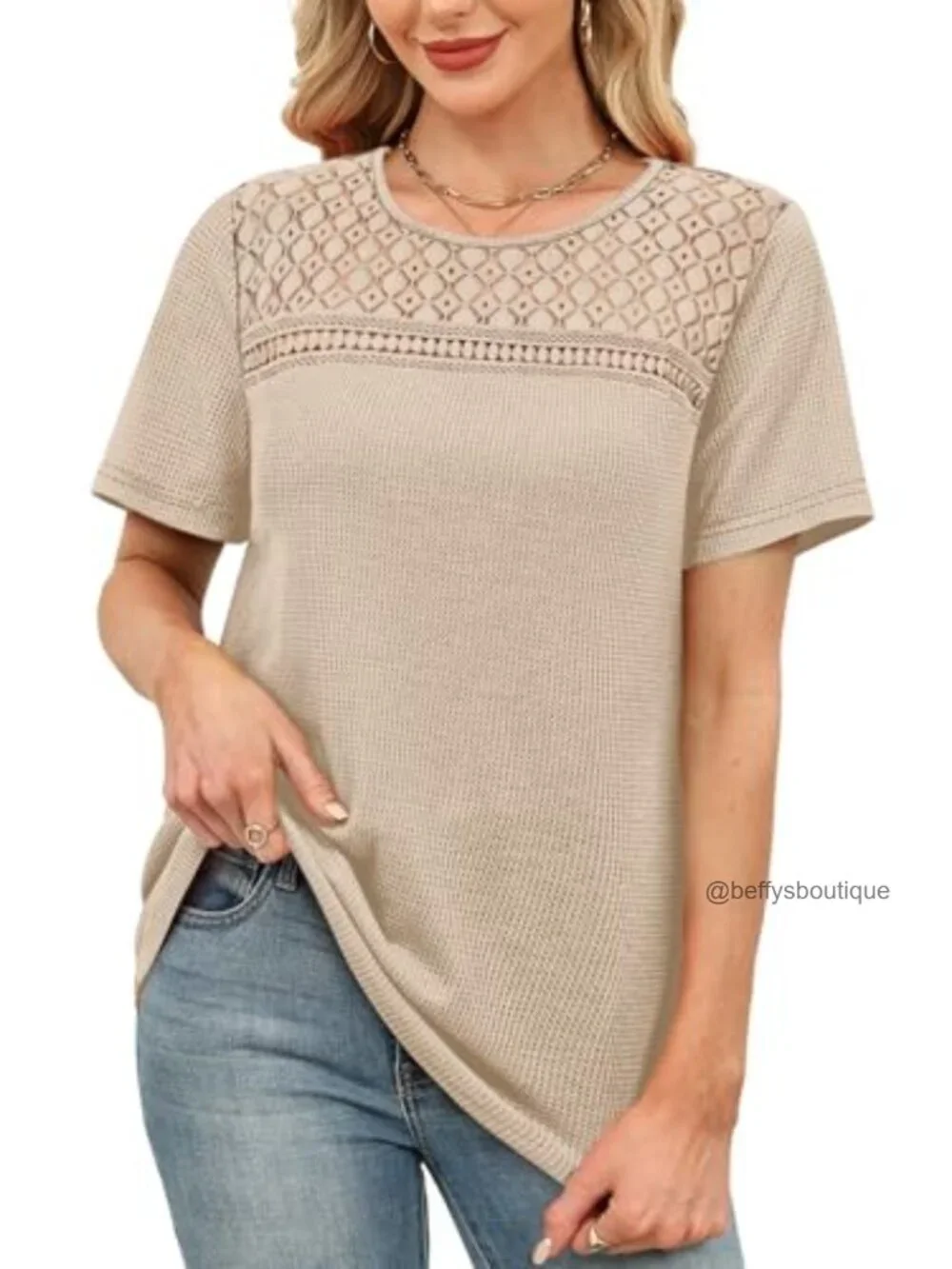 Boho Crochet Lace Waffle Knit Short Sleeve Top Blouse